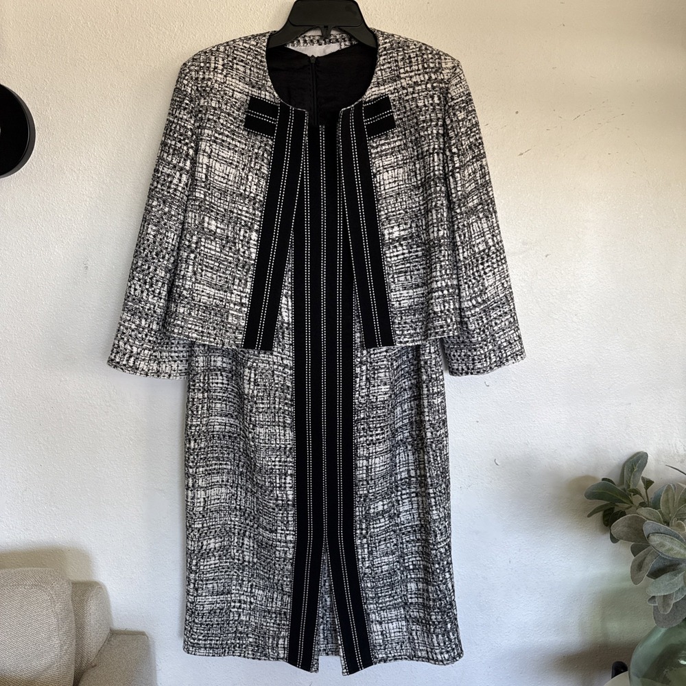 Carolina Herrera Black & White Tweed Sheath Dress & Jacket Blazer Women's